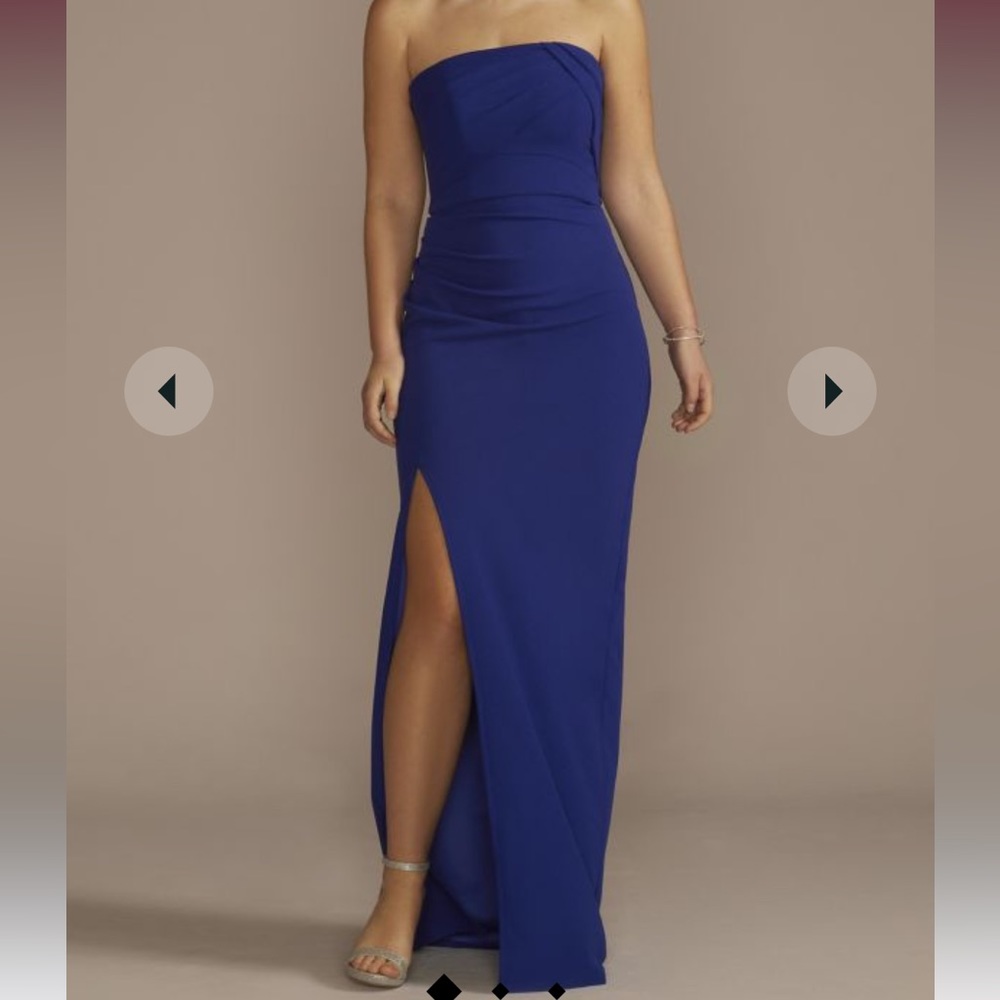 strapless draped straight neck crepe sheath dress